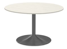 a round table with a white top and grey base on an isolated surface, viewed from the front