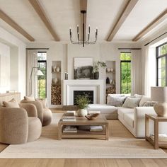 a living room filled with furniture and a fire place in the middle of a room