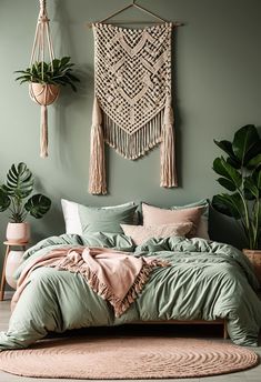 a bed with green sheets and pillows in a room next to potted plants on the wall