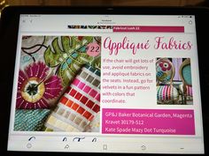 a tablet screen displaying the website for applique fabrics