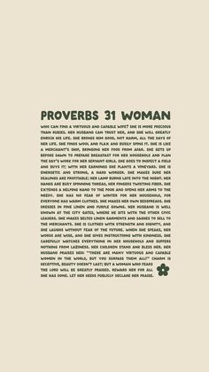 the back cover of proverbs 31 woman, written in green ink on a beige background