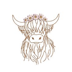 a cow with long hair and flowers in it's head is shown on a white background