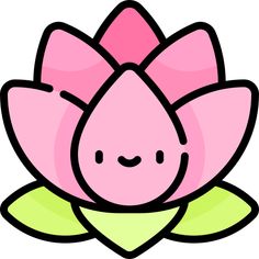 a pink flower with green leaves on it's petals and smiling face in the center