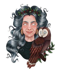 an illustration of a woman with long hair holding a owl on her shoulder and smiling at the camera