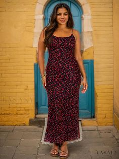 Lasaky - Classic Chic Black Maxi Dress with Playful Floral Touches Casual Red Evening Maxi Dress, Casual Red Maxi Dress For Evening, Casual Red Maxi Dress For Party, Casual Red Maxi Dress For Night Out, Radiant Black, Vibrant Florals, Red Floral Pattern, Elegant Mini Dress, Perfect Little Black Dress