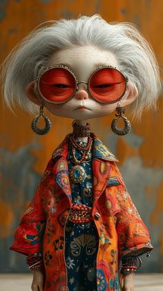 a doll with white hair wearing red sunglasses and a colorful dress is standing in front of an orange background