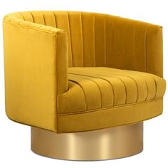 a yellow chair sitting on top of a metal base