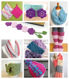 there are many crocheted items on the table and in the pictures, including scarves