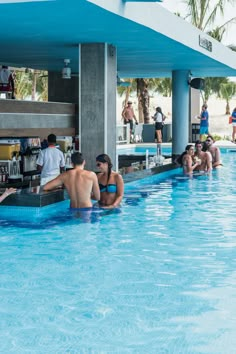 people are in the swimming pool at an outdoor bar