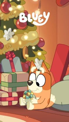 a cartoon cat sitting in front of a christmas tree