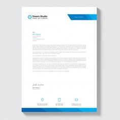 a blue and white letterhead with an abstract design on the front, side and back