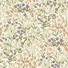 a floral wallpaper pattern with many different colors and flowers on white, green, pink, purple