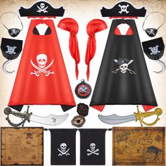 PRICES MAY VARY. Abundant Quantity: package includes 2 skull pirate black and red double side capes, 2 eye patches, 1 compass, 1 water bottle, 2 treasure maps, 2 drawstring coin bags, 2 hooks, 2 swords, 2 silky pirate hats and 2 Caribbean pirate hats; Your kids can cosplay and dress as his ideal pirate easily Safe and Friendly to Kids: all the parts from pirate capes costumes set are made of quality materials, such as soft skin friendly silk stain and corduroy, reliable and quality plastic; All Costume Pirate, Pirate Toys, Pretend Play Costumes, Skull Pirate, Trick Or Treat Costume, Pirate Cosplay, Costume Capes, Cape Costume, Set Decoration