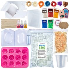 an assortment of crafting supplies including plastic cups, paper plates, and other items