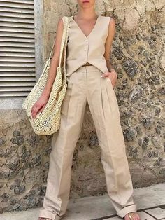 Loose Sleeveless Buttoned Solid Color V-Neck Vest Top + Split-Joint Pleated Pockets Pants Bottom Two Pieces Set KHAKI-2XL Style Désinvolte Chic, Style Casual Chic, Pink Vest, Top Pants Set, High Waisted Trousers, Summer Cotton, Vest Top, Sleeveless Tank