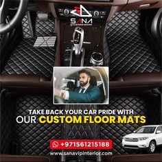 the interior of a car with an advertise for floor mats on it and a photo of a man in a suit