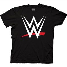 a black t - shirt with the wwe logo in red and white on it's chest