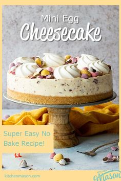 an egg cheesecake on a cake plate with the words super easy no bake recipe