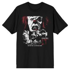 Celebrate the spooky Stephen King story with this It t-shirt. The tee features a full color image of Pennywise in clown makeup. A group of children in a black and white image approach the scary clown. The movie’s title appears in red letters next to the children. The tee comes in a black short sleeve crew neck and makes a great gift for fans of the horror movie. Size: medium. Gender: male. Age Group: adult. Pattern: Fictitious Character. Material: Cotton. 1990 Pennywise, Pennywise Shirt, Scary Movie Shirts, Horror Clothes, Horror Shirts, Horror Movie T Shirts, Scary Clown, Horror Movie Shirts, Red Letters