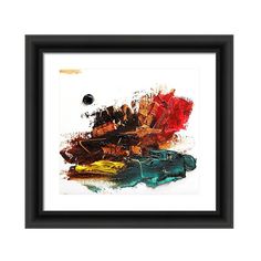 an abstract painting with various colors and shapes in black frame on the wall above it