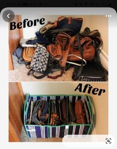 the before and after pictures show how to organize your purse