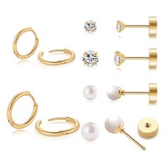 PRICES MAY VARY. ☀Earrings sets for multiple piercing☀Including 6 pairs small earrings hypoallergenic: 2 pairs small gold hoop earrings, 8mm/10mm in diameter, 2 pairs cubic zirconia studs flat back earrings with screw, 2 pairs of pearl studs, lightweight and cute. ☀Surgical steel earrings☀ Medical grade , Safe and healthy material for sensitive ear,Sparkling AAAAA CZ and qulity pearl inlay,Sturdy and durable, normally does not fall off.Huggie Earrings with tiny size 8mm/small size 10mm. Thicknes Tragus Helix Piercing, Tragus Piercing Jewelry, Helix Piercing Jewelry, Small Gold Hoop Earrings, Earrings Sets, Small Gold Hoops, Earrings Hypoallergenic, Tragus Piercing, Flat Back Earrings