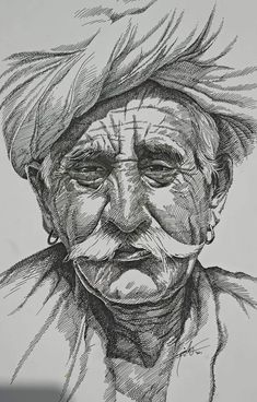 an old man with a turban on his head is shown in this drawing