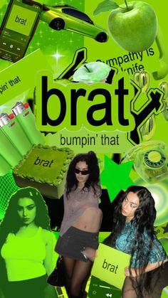 two women standing next to each other in front of an advertisement for bratt cosmetics