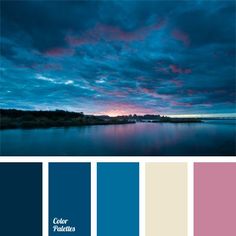 the color palette is blue, pink and white with some clouds in the sky above it