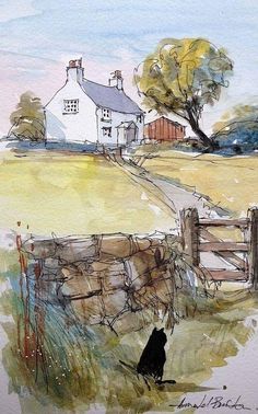 a drawing of a dog sitting in front of a fence with a house behind it