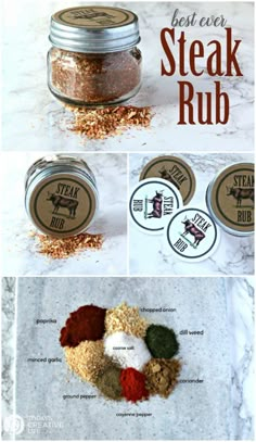 the instructions for how to make steak rubs in a jar with spices and seasoning