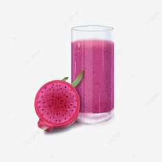 a glass of pink juice next to a half - eaten grapefruit on a white background