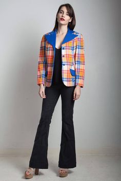 plaid blazer jacket top red orange blue tartan vintage 70s MEDIUM M Retro Cotton Blazer For Fall, Retro Multicolor Blazer For Fall, Retro Multicolor Fall Blazer, Plaid Cotton Blazer For Fall, Retro Fitted Plaid Outerwear, 70s Plaid, Blue Tartan, Plaid Blazer, Plaid Jacket