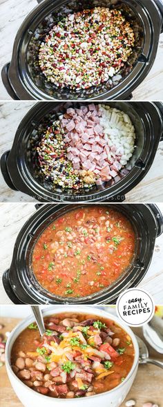 three different types of food in black crockpots on top of each other