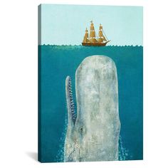 a painting of a whale with a ship in the background