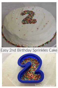 two photos of a birthday cake with sprinkles and the number 2 on it