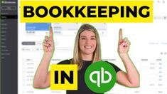 a woman holding up two fingers in front of a computer screen with the words bookkeepering