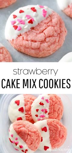 strawberry cake mix cookies with white frosting and pink sprinkles on top