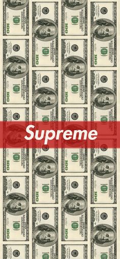 a bunch of money with the words supreme written on it in red and white lettering