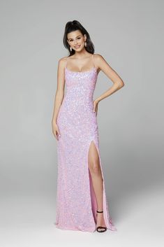 Primavera-Couture-3290-Pink-Cocktail-Dress-Sequins-Tie-Back-Scoop-Neckline Baby Pink Prom Dress, Backless Evening Gowns, Gown For Prom, Evening Wear Dresses, Sheer Corset, Formal Evening Wear, Plastic Dress, Pink Prom Dress, Sequin Prom Dress