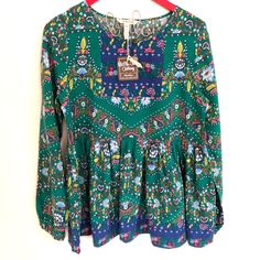 Adorable Crisp And Cool Too Ptp 19” Length 27” Green Bohemian Tops For Fall, Green Boho Print Long Sleeve Top, Green Long Sleeve Top With Boho Print, Green Long Sleeve Boho Print Top, Green Bohemian Blouse For Fall, Green Peasant Top For Fall, Peasant Green Tops For Fall, Bohemian Green Peasant Top For Fall, Bohemian Blouse With Vibrant Fall Print