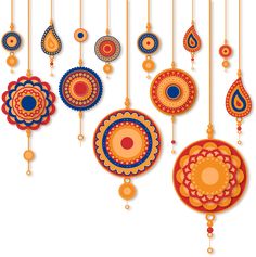 an assortment of colorful decorative items hanging from strings on a white background with space for text