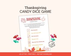 a thanksgiving candy dice game is shown with text