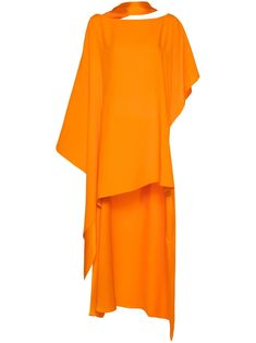 tangerine orange crepe texture kaftan silhouette cold-shoulder design neck strap thigh-length train Summer Crepe Maxi Dress, Orange Kaftan For Party, Elegant Orange Spring Kaftan, Elegant Long Orange Kaftan, Taller Marmo, Tangerine Orange, Yoko London, City Dress, Summer Beach Wear