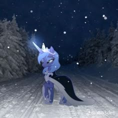 an animated pony standing in the middle of a snow covered road at night with trees behind it