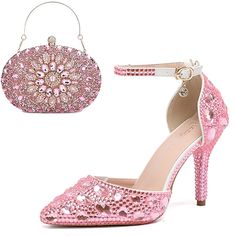 a pair of pink high heeled shoes and a handbag