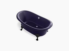 an old fashioned blue bath tub with black legs and feet, on a white background