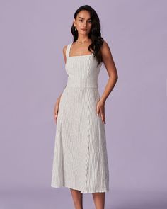 The White Square Neck Striped Midi Dress Vestidos Vintage, Striped Midi Dress, White Square, The Human Body, Striped Tie, Formal Style, Midi Maxi Dress, Elegant Accessories, White Midi Dress