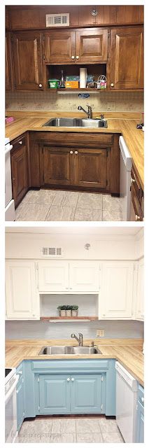 two pictures of the same kitchen with different cabinets