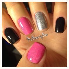 Gel polish skittlesGelish - Black Shadow Shellac - hot pop pink with Gelish Vegas Nights on top. Martha Stewart glitter rockstar nail in Sterling Black Silver Nails, Rockstar Nails, Gelish Nails, Super Nails, Pink Nail Designs, Black Shadow